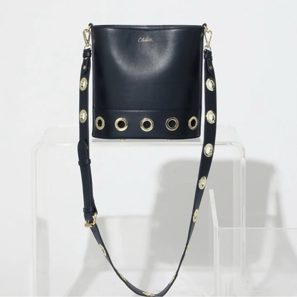Cleobella Rochelle Handbag - Chic Black Bucket Bag with Gold Accents
